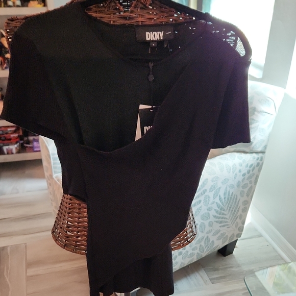Dkny Tops - DKNY Black Asymmetric Draped Knit Top